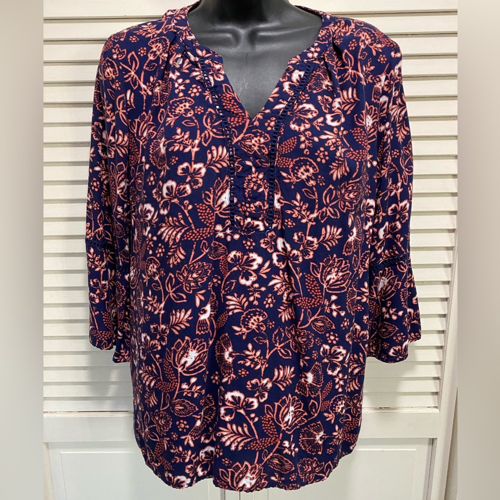 Bohemian Navy Orange Floral Crochet V Neck Blouse Size S 3/4 Sleeve Bell